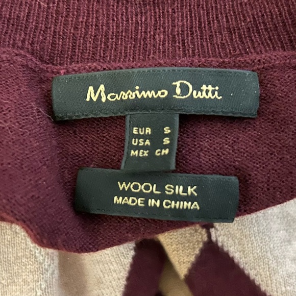 Massimo Dutti Wool & Silk Argyle Turtleneck Sweater in Burgundy, S - Picture 5 of 5